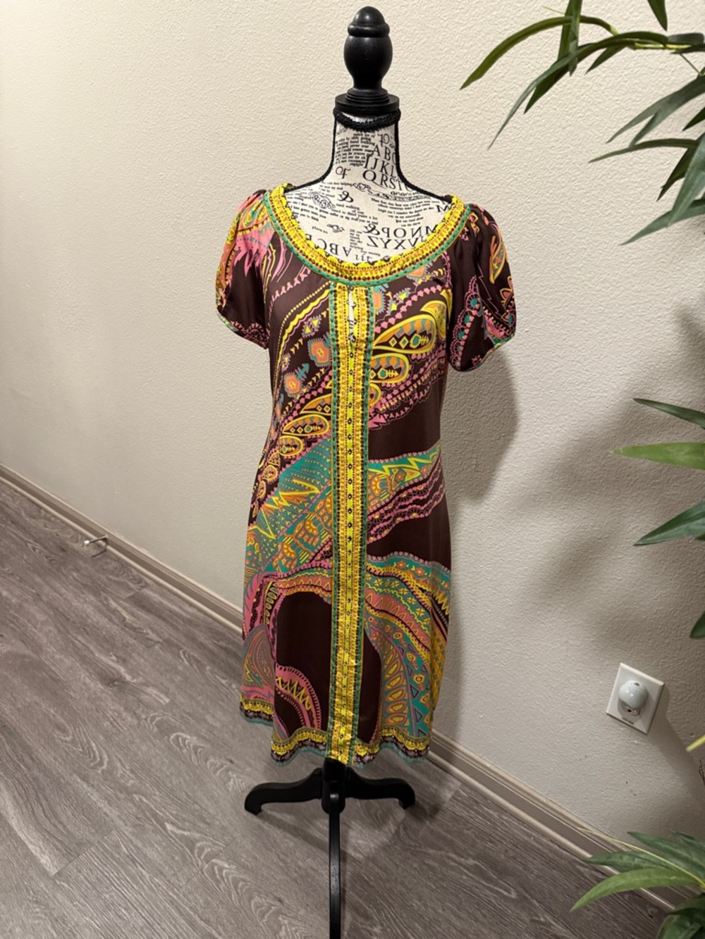 Ice Brown Paisley Mini Dress with Yellow Trim